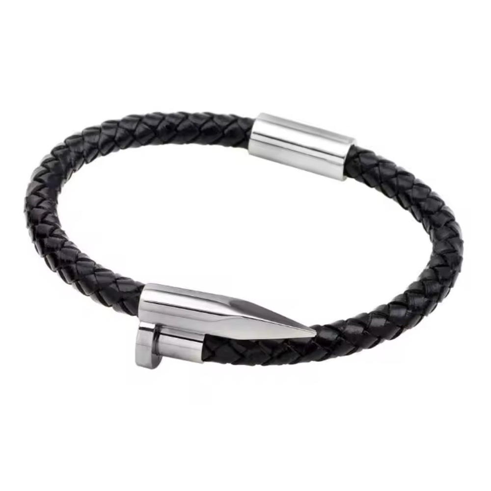 Men Nail Leather Stainless Steel Bracelet - Picture 2 of 3